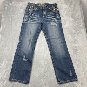 Ruthless Art Jeans Mens 34 (34x33) Blue Denim Whiskered Distressed Straight Y2k